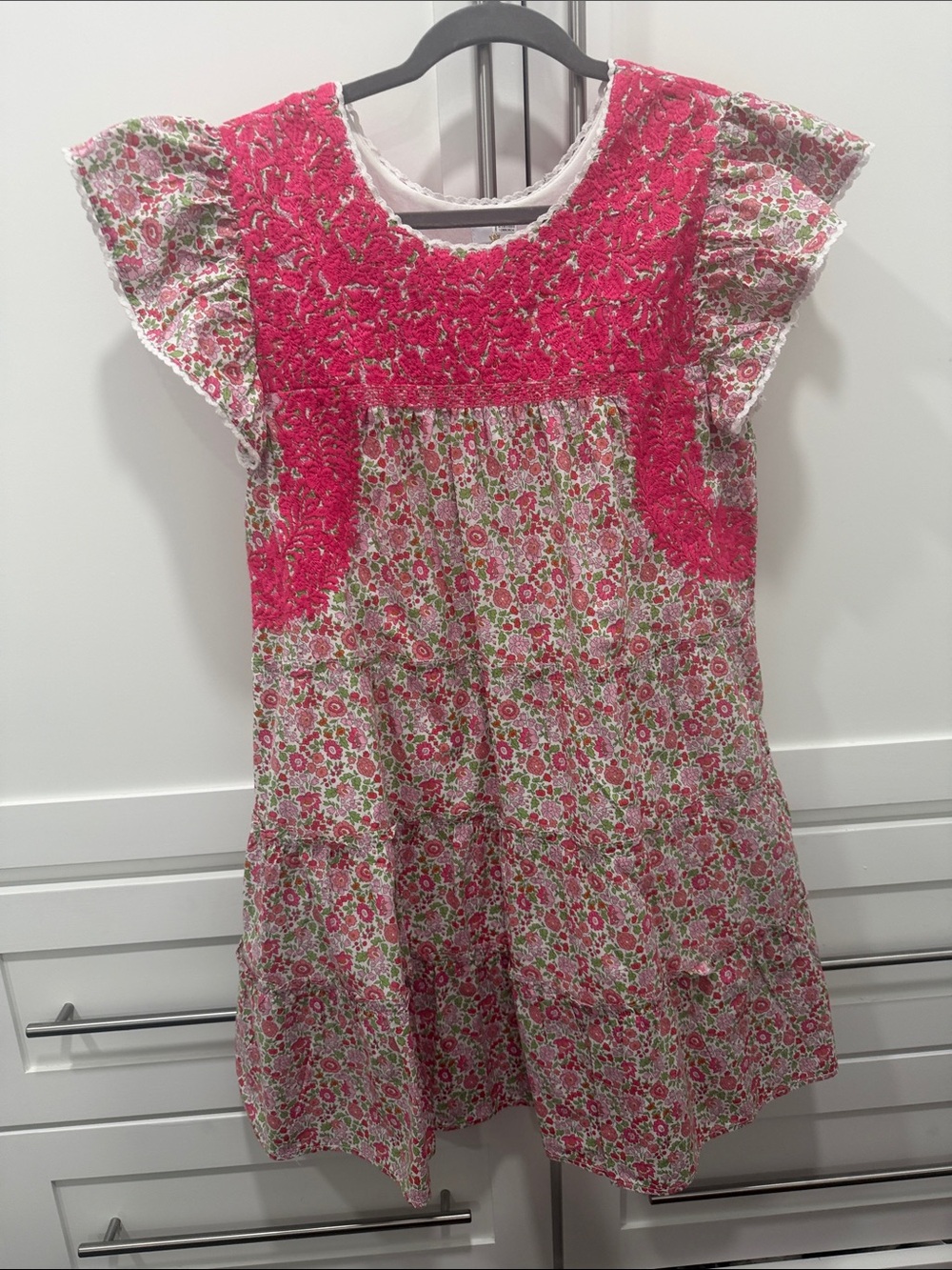 Floral Midi Dress with Pink Embroidered Yoke